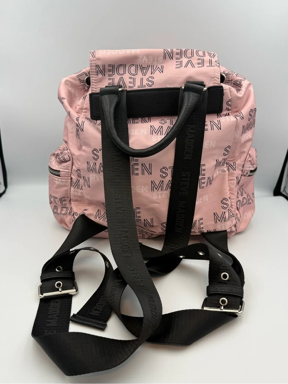 Steve Madden Pink Nylon Mini Backpack All Over Logo Spellout Drawstring Flap